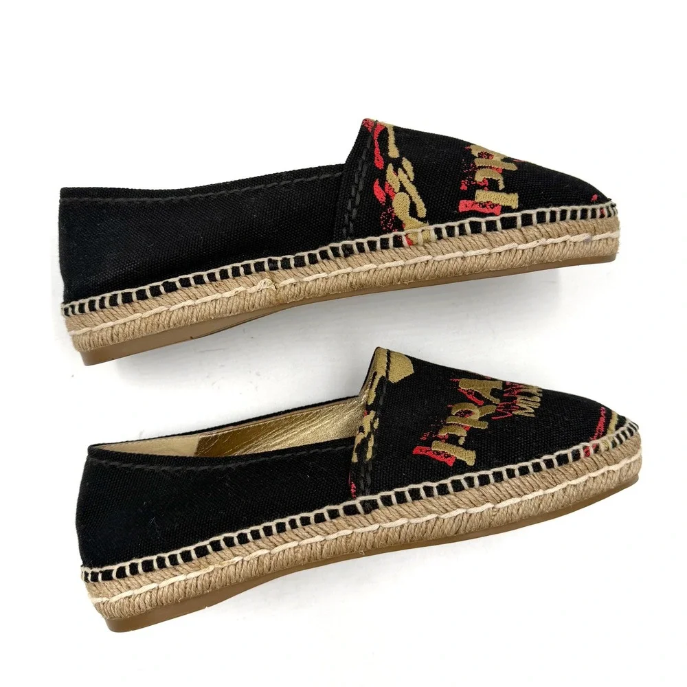Prada Logo Espadrilles Black Canvas Gold Red Embroidered Flats Sz 36 / 6